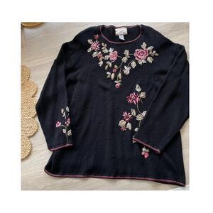 Heirloom Collectibles Women's 2X Vintage Black Embroidered Sweater Grandma 90's